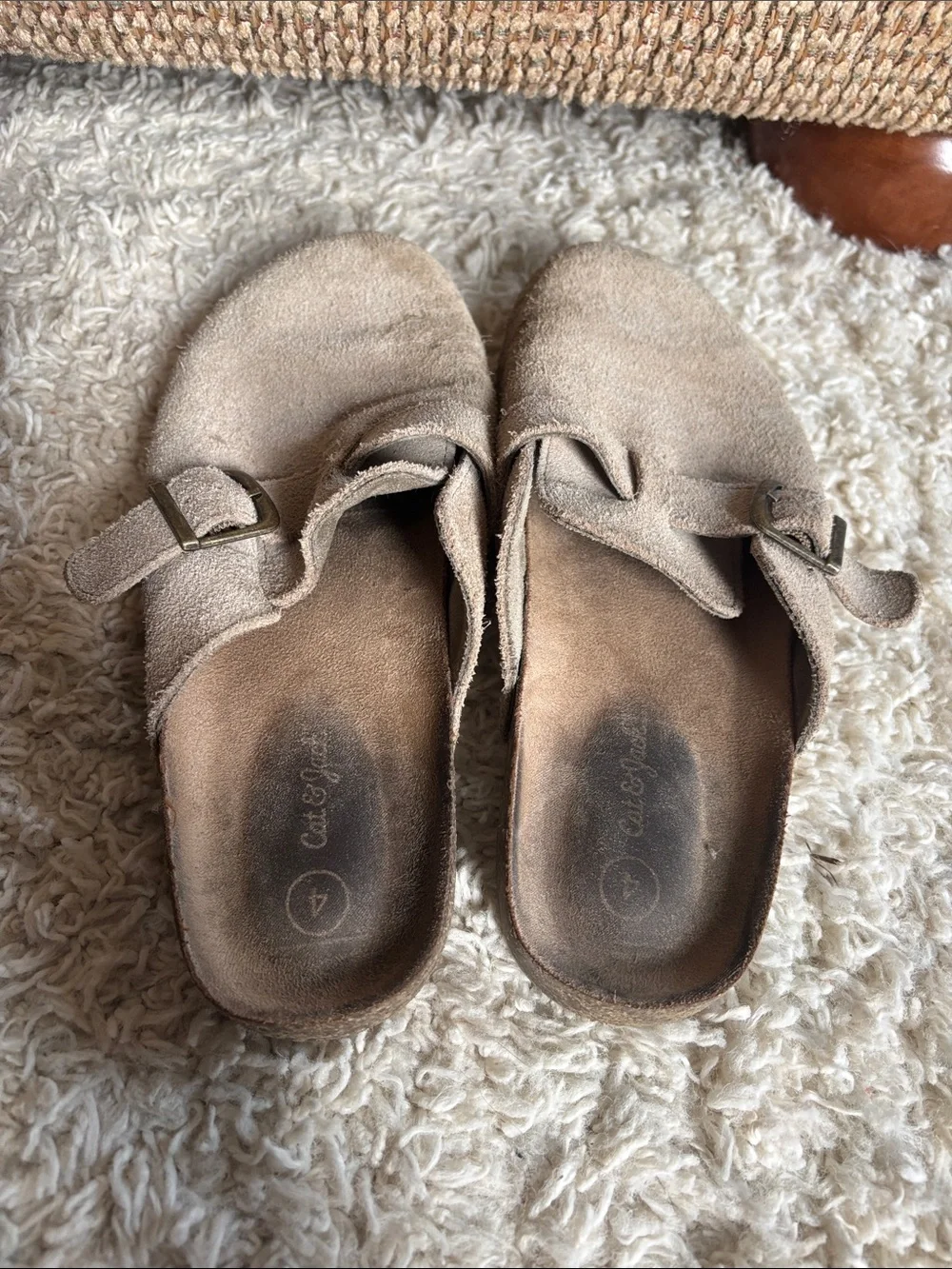 Suede Slip-On Buckle Mules in Taupe